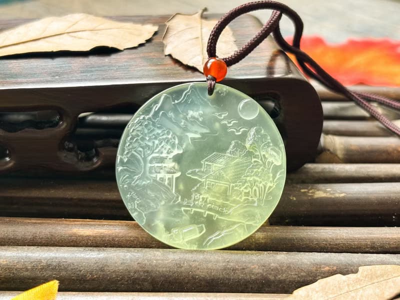 【一物一圖】天然 岫玉綠冰山水雕刻 圓牌 吊墜 項鍊