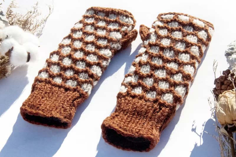 手織純羊毛針織手套/露趾手套/內刷毛手套/保暖手套-北歐焦糖咖啡