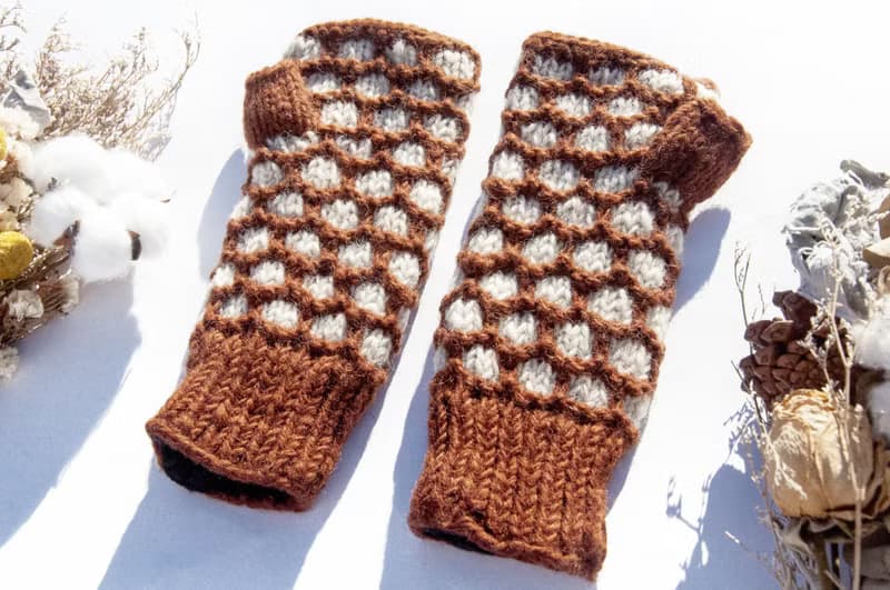 手織純羊毛針織手套/露趾手套/內刷毛手套/保暖手套-北歐焦糖咖啡