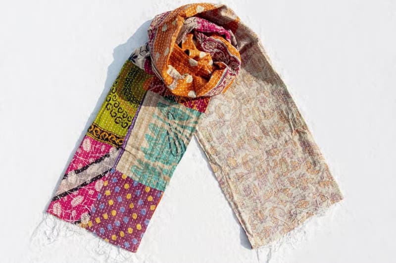 手縫紗麗布拼接絲巾/刺繡絲巾/刺繡圍巾/手縫紗麗線絲巾-復古花