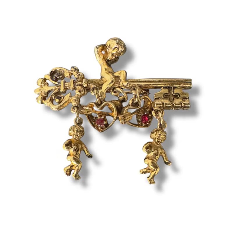Vintage ART Signed Brooch Gold Tone Key with Angel Cherub Cupid Hearts Ruby pin
