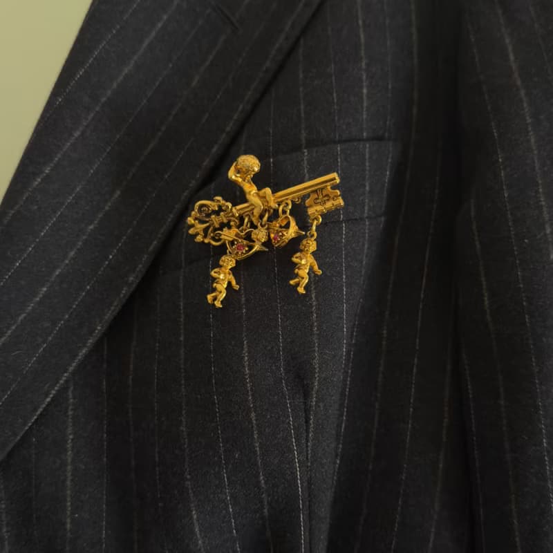 Vintage ART Signed Brooch Gold Tone Key with Angel Cherub Cupid Hearts Ruby pin
