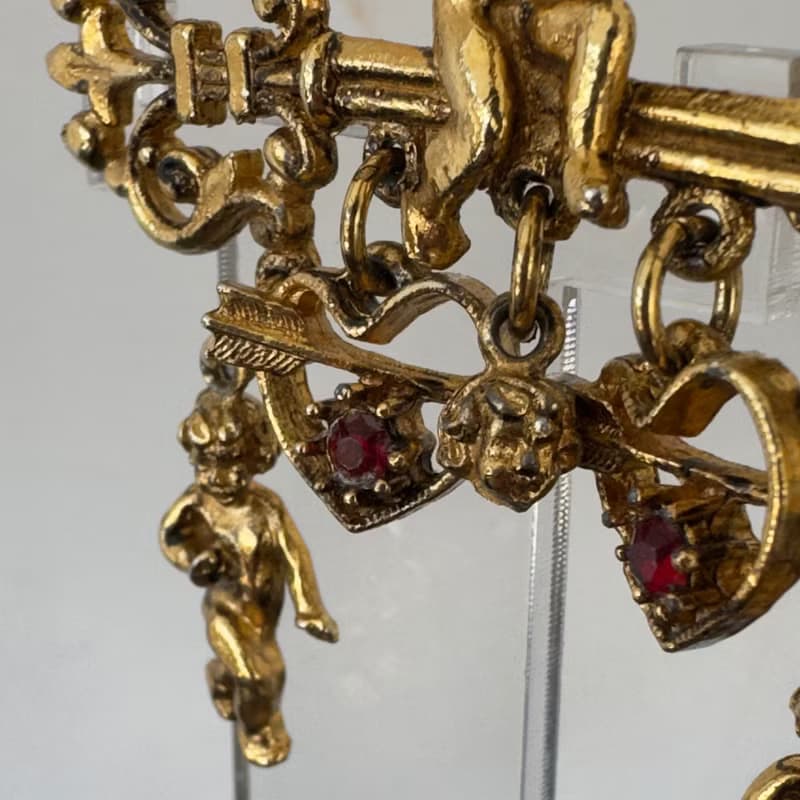 Vintage ART Signed Brooch Gold Tone Key with Angel Cherub Cupid Hearts Ruby pin