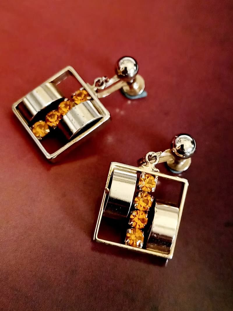 vintage jewelry 現代風格方形吊墜萊茵 夾式耳環