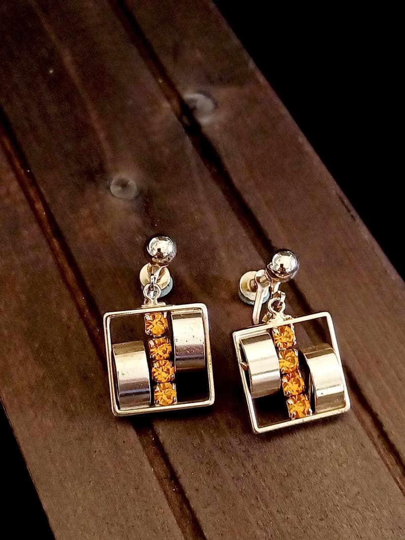 vintage jewelry 現代風格方形吊墜萊茵 夾式耳環