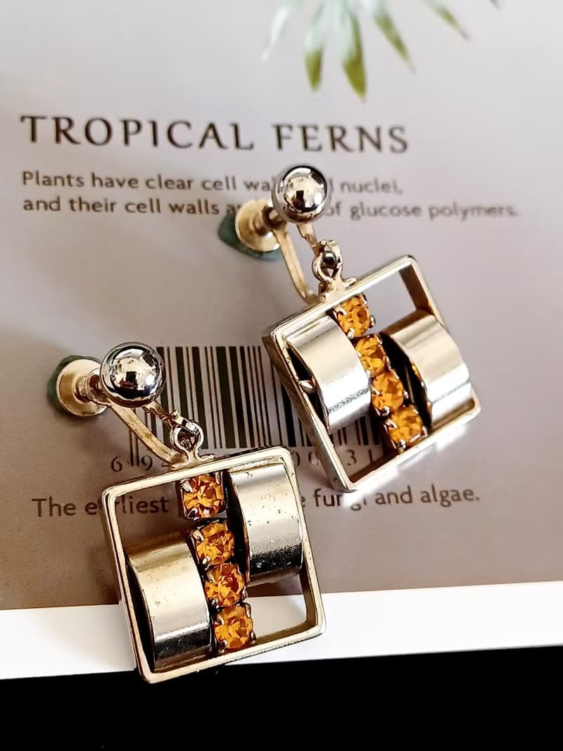 vintage jewelry 現代風格方形吊墜萊茵 夾式耳環
