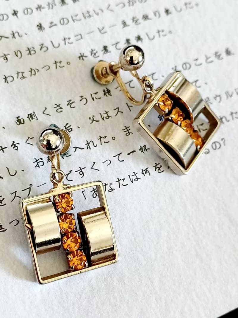 vintage jewelry 現代風格方形吊墜萊茵 夾式耳環