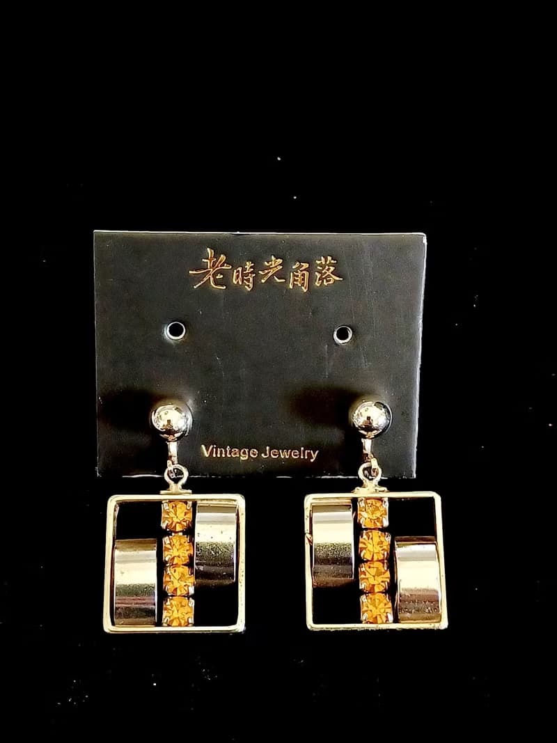 vintage jewelry 現代風格方形吊墜萊茵 夾式耳環