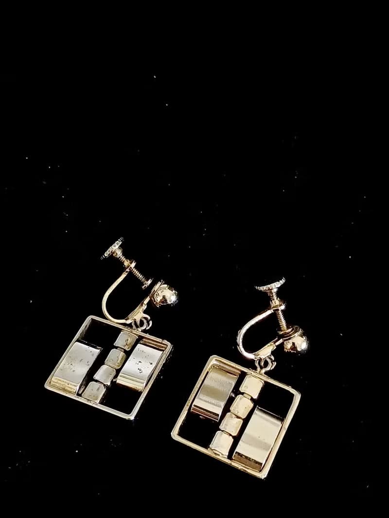 vintage jewelry 現代風格方形吊墜萊茵 夾式耳環