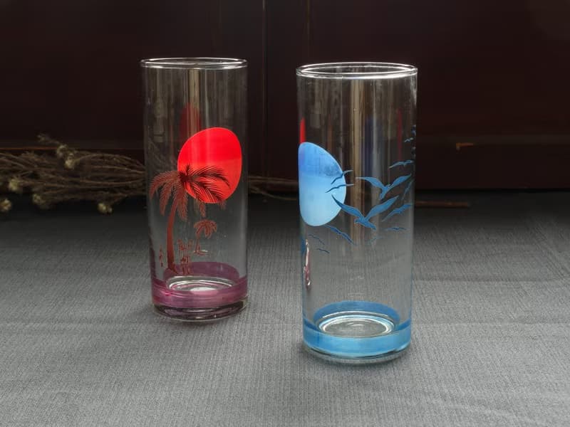 早期印花杯-夕陽樹影與藍月飛鳥 (餐具/舊物/老物/玻璃)