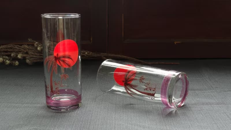 早期印花杯-夕陽樹影與藍月飛鳥 (餐具/舊物/老物/玻璃)