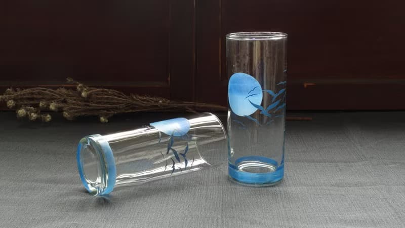 早期印花杯-夕陽樹影與藍月飛鳥 (餐具/舊物/老物/玻璃)