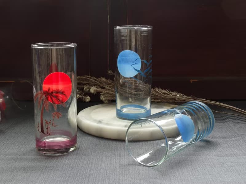 早期印花杯-夕陽樹影與藍月飛鳥 (餐具/舊物/老物/玻璃)