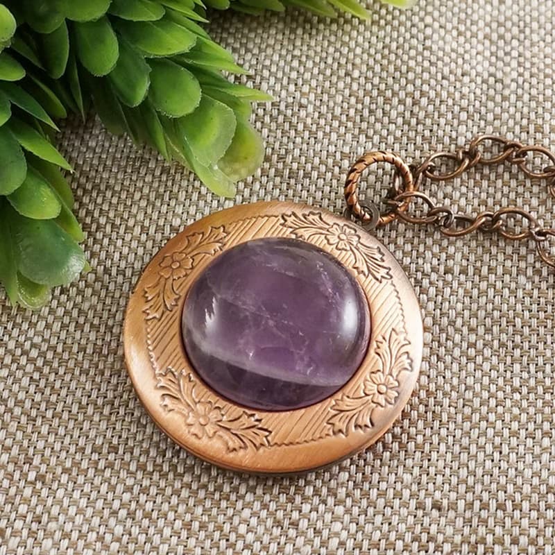 Amethyst Copper Photo Locket Purple Lilac Violet Stone Pendant Necklace Jewelry