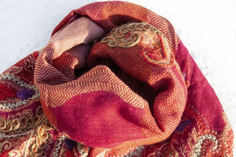 喀什米爾Cashmere刺繡羊毛披肩 針織圍巾 刺繡圍巾 克什米爾-花朵