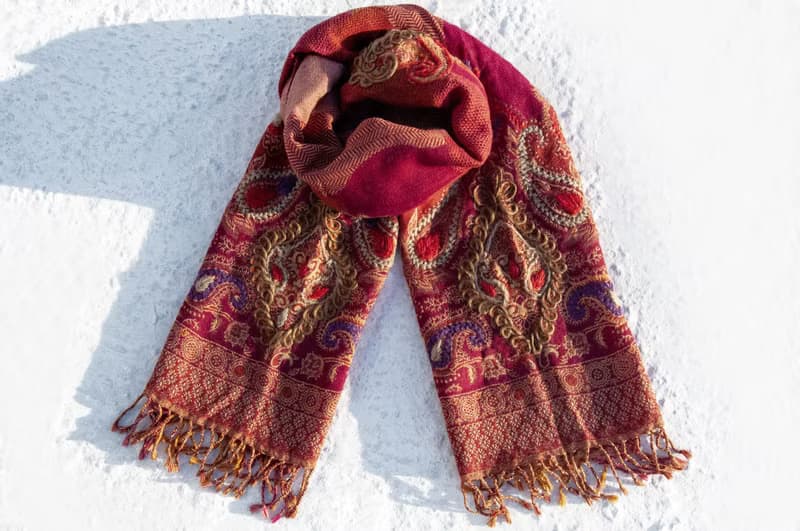 喀什米爾Cashmere刺繡羊毛披肩 針織圍巾 刺繡圍巾 克什米爾-花朵