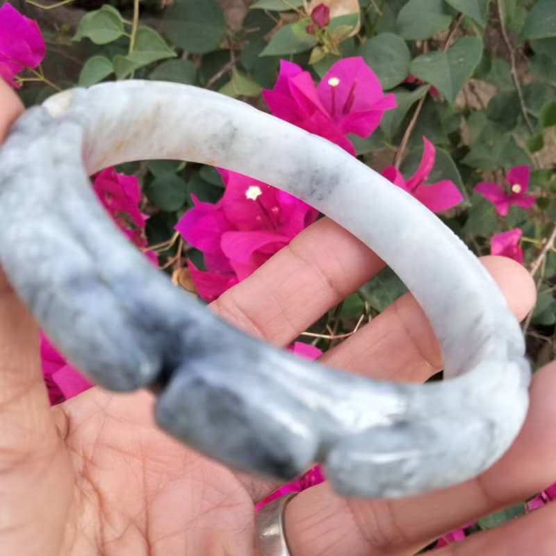 Burmese Jade Bangle Natural Jadeite TypeA Carved Dragon Fish White Gray Bracelet