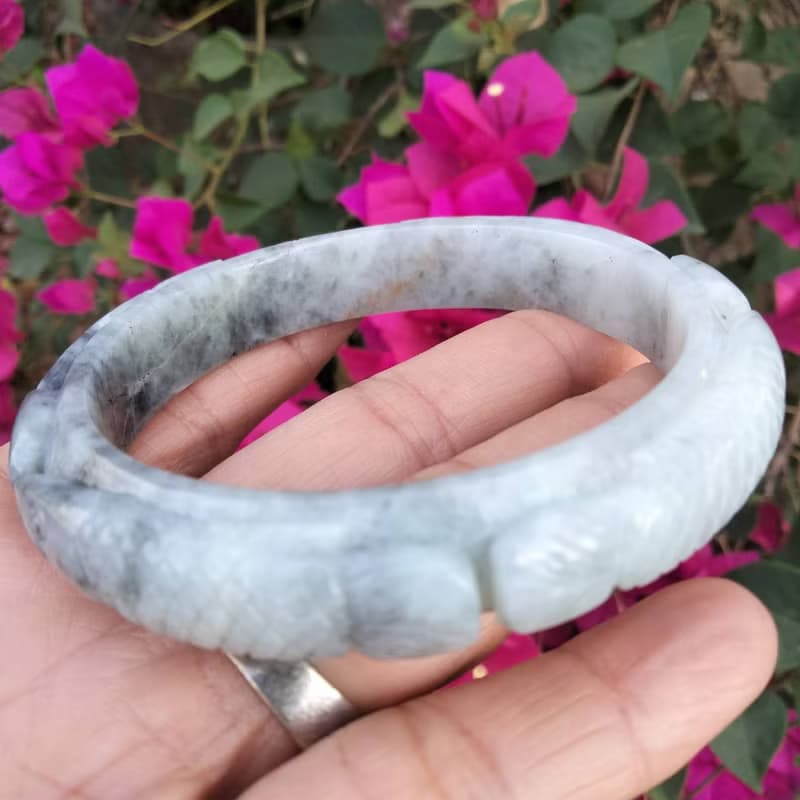 Burmese Jade Bangle Natural Jadeite TypeA Carved Dragon Fish White Gray Bracelet
