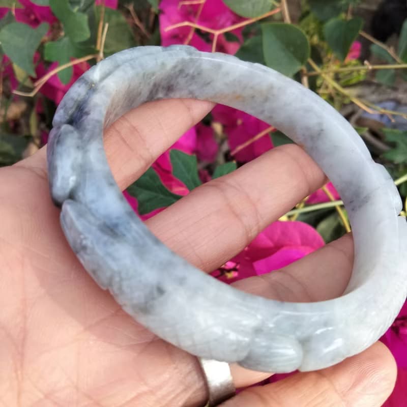 Burmese Jade Bangle Natural Jadeite TypeA Carved Dragon Fish White Gray Bracelet