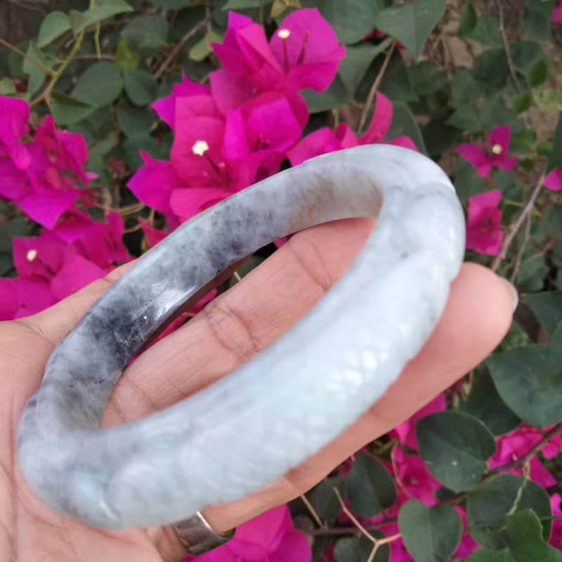 Burmese Jade Bangle Natural Jadeite TypeA Carved Dragon Fish White Gray Bracelet