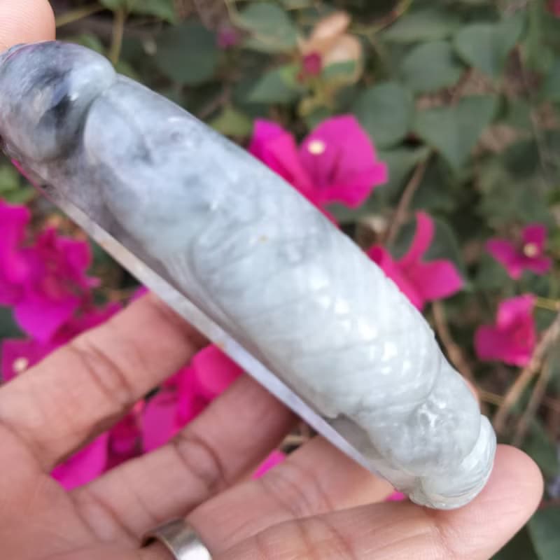 Burmese Jade Bangle Natural Jadeite TypeA Carved Dragon Fish White Gray Bracelet
