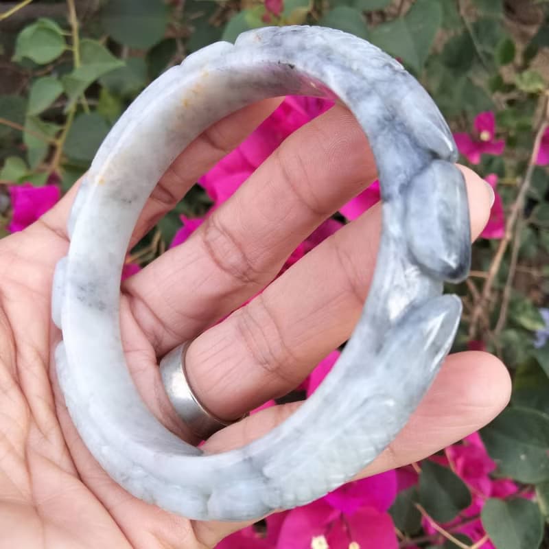 Burmese Jade Bangle Natural Jadeite TypeA Carved Dragon Fish White Gray Bracelet