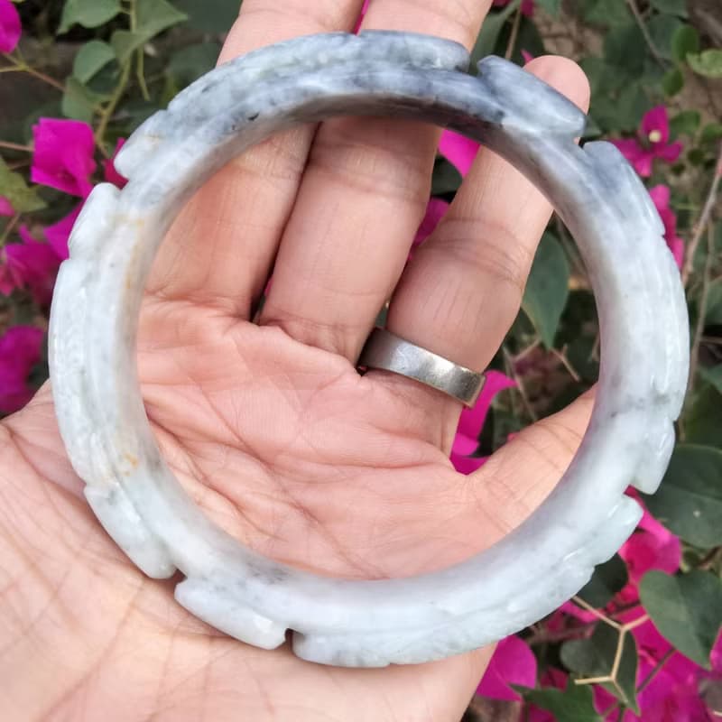Burmese Jade Bangle Natural Jadeite TypeA Carved Dragon Fish White Gray Bracelet