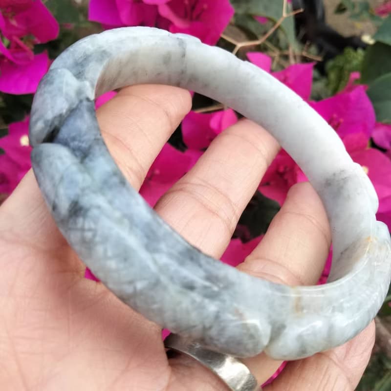 Burmese Jade Bangle Natural Jadeite TypeA Carved Dragon Fish White Gray Bracelet