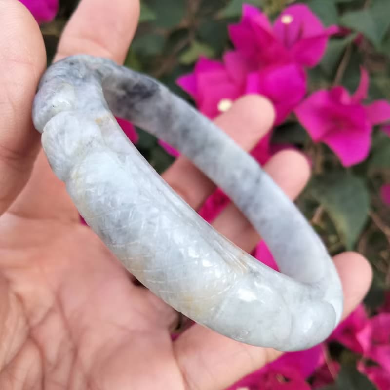 Burmese Jade Bangle Natural Jadeite TypeA Carved Dragon Fish White Gray Bracelet