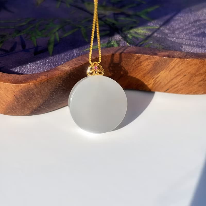 天然和田白玉平安無事牌吊墜圓牌18k厚金鑲嵌平安牌輕奢感生日禮