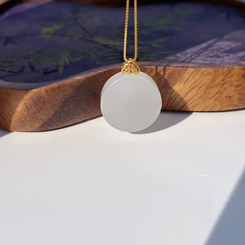 天然和田白玉平安無事牌吊墜圓牌18k厚金鑲嵌平安牌輕奢感生日禮