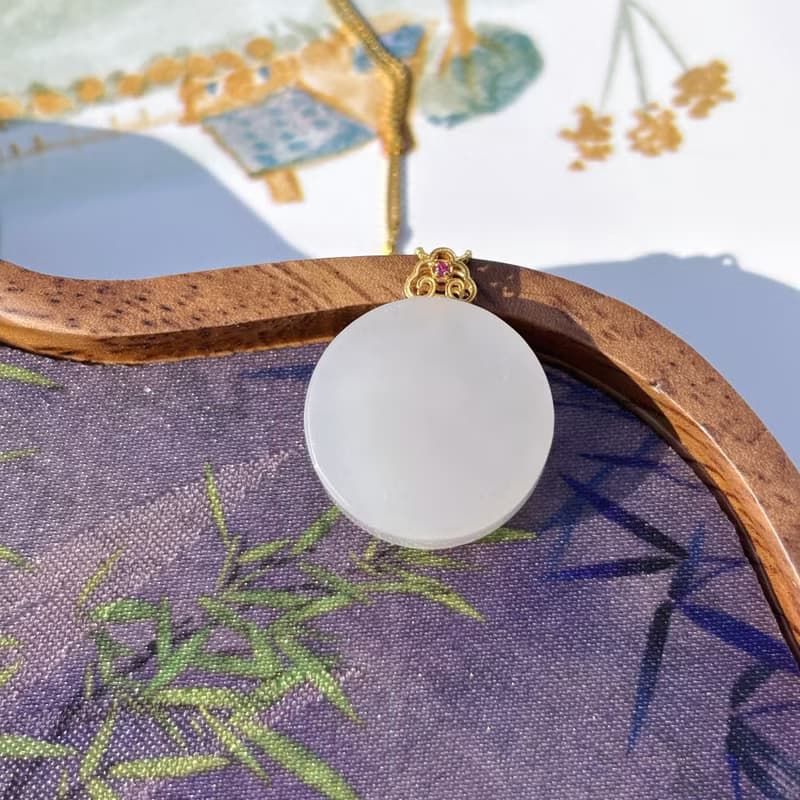 天然和田白玉平安無事牌吊墜圓牌18k厚金鑲嵌平安牌輕奢感生日禮