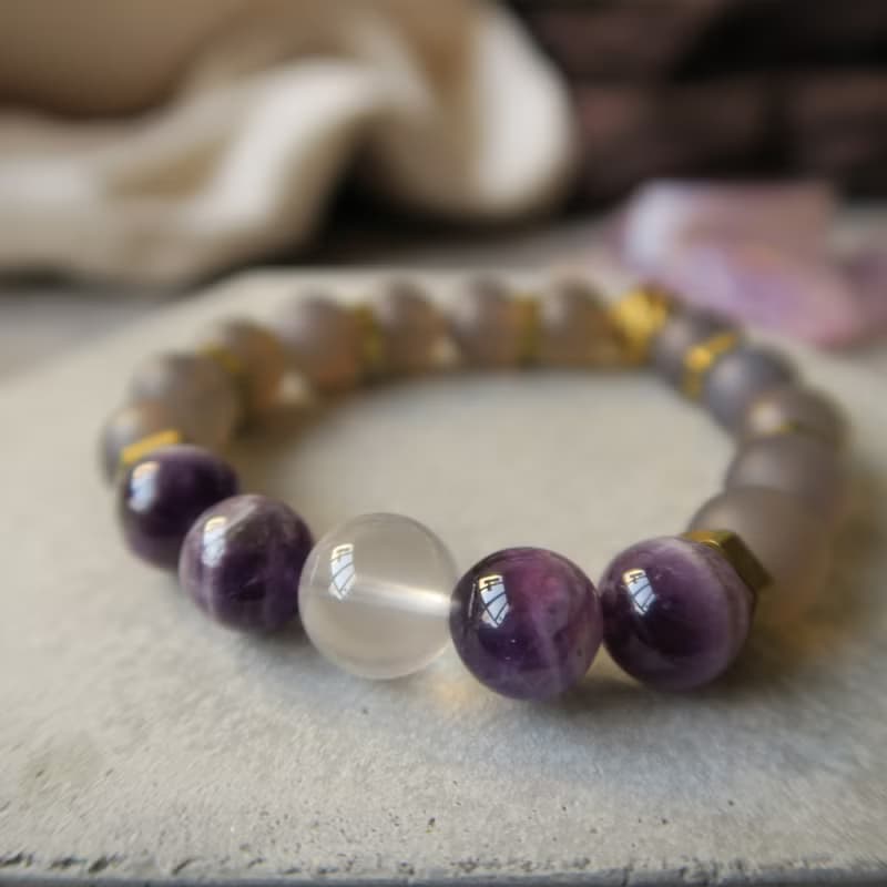 夢幻【靈性 • 小手物】紫瑪瑙水晶 粉晶 灰瑪瑙 磨沙 黃銅 手鍊