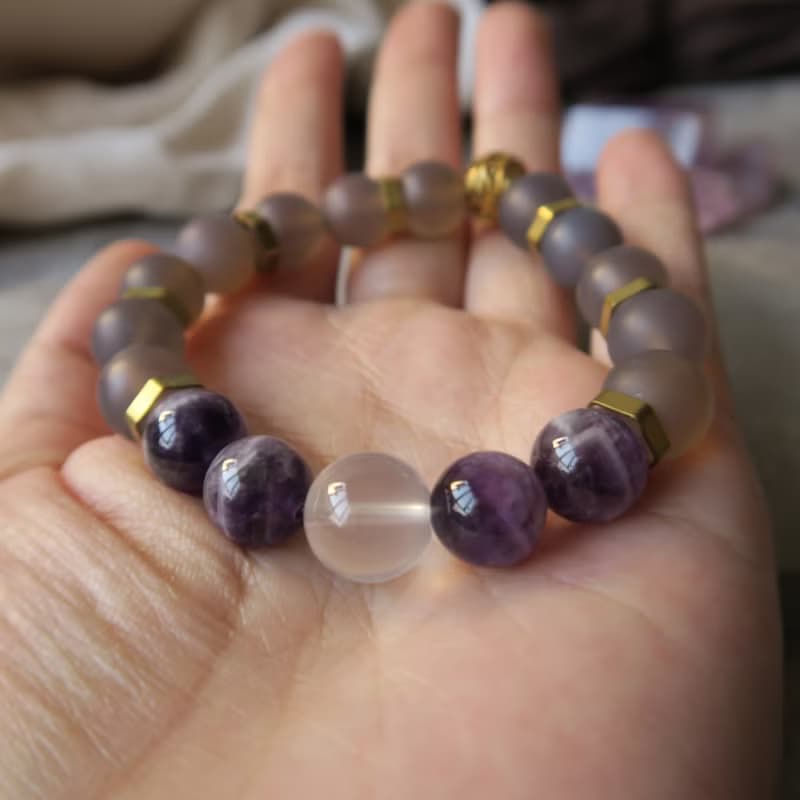 夢幻【靈性 • 小手物】紫瑪瑙水晶 粉晶 灰瑪瑙 磨沙 黃銅 手鍊