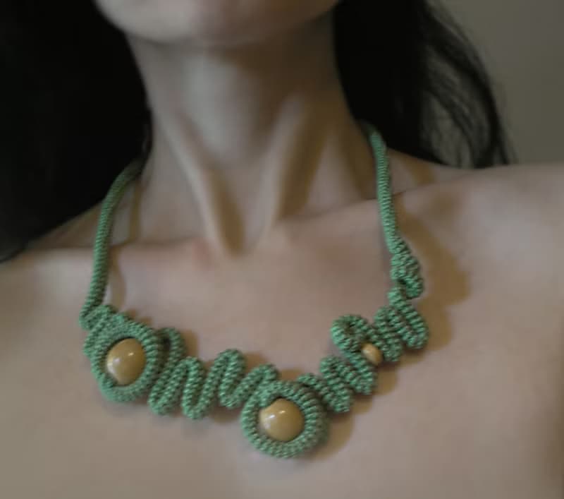 Free Form Tube Crochet Necklace Pepper Green