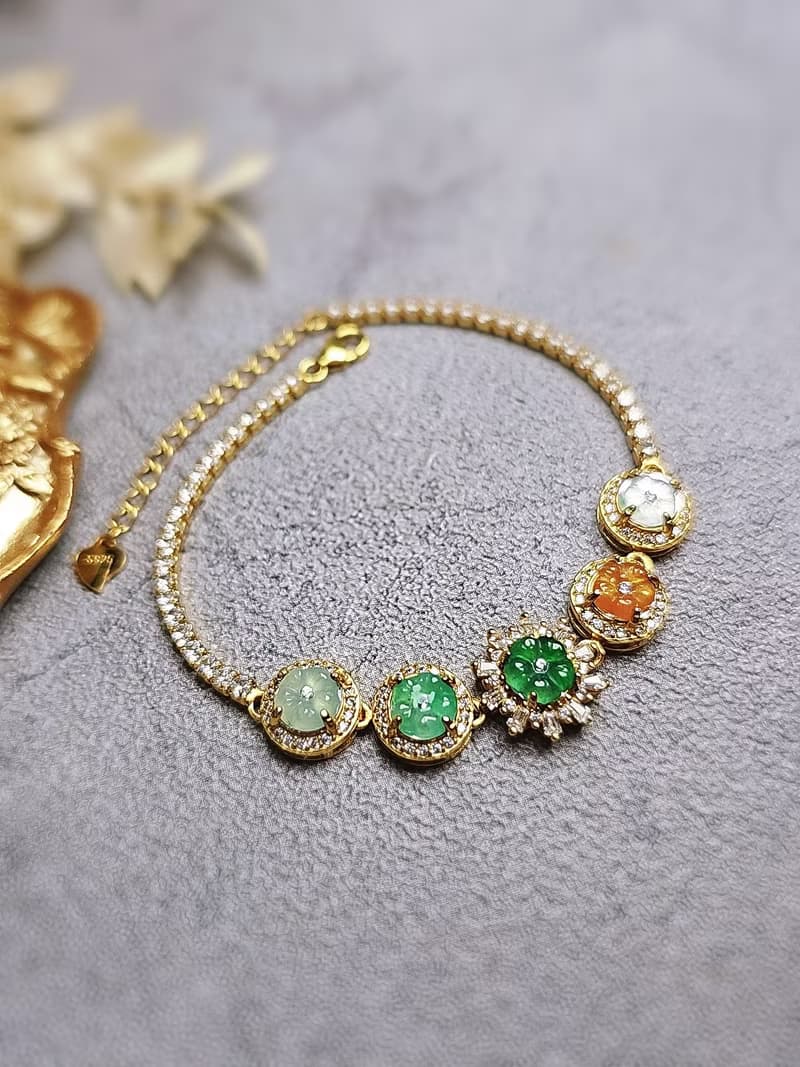 五福臨門•有錢花•轉好運|冰多寶花朵|A貨翡翠純銀豪鑲設計手鏈