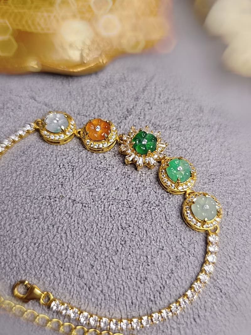 五福臨門•有錢花•轉好運|冰多寶花朵|A貨翡翠純銀豪鑲設計手鏈