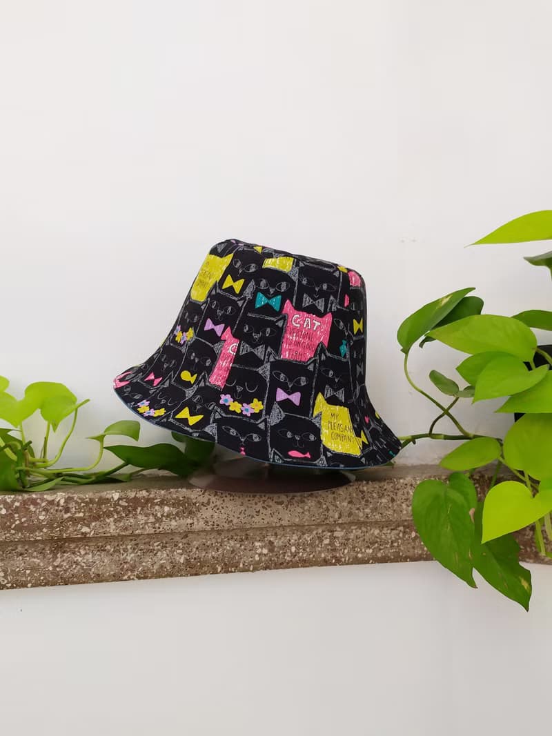 手工雙面漁夫帽/短帽簷/遮陽帽/黑色貓咪
