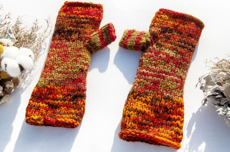 手織純羊毛針織手套/露趾手套/內刷毛手套/保暖手套-北歐夕陽陽光