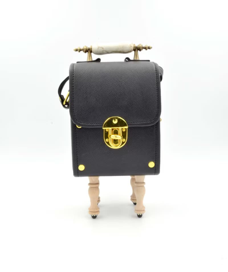 黑色PU仿皮革木腳綴閃石水晶鍊手袋 復古門柄把手 精緻可愛時尚