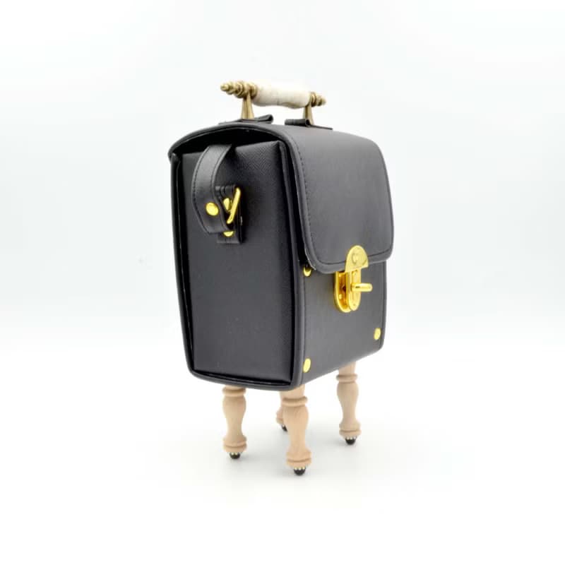 黑色PU仿皮革木腳綴閃石水晶鍊手袋 復古門柄把手 精緻可愛時尚