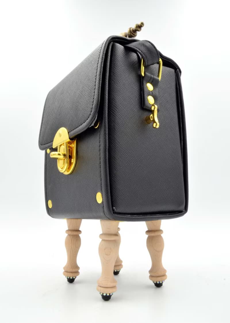 黑色PU仿皮革木腳綴閃石水晶鍊手袋 復古門柄把手 精緻可愛時尚