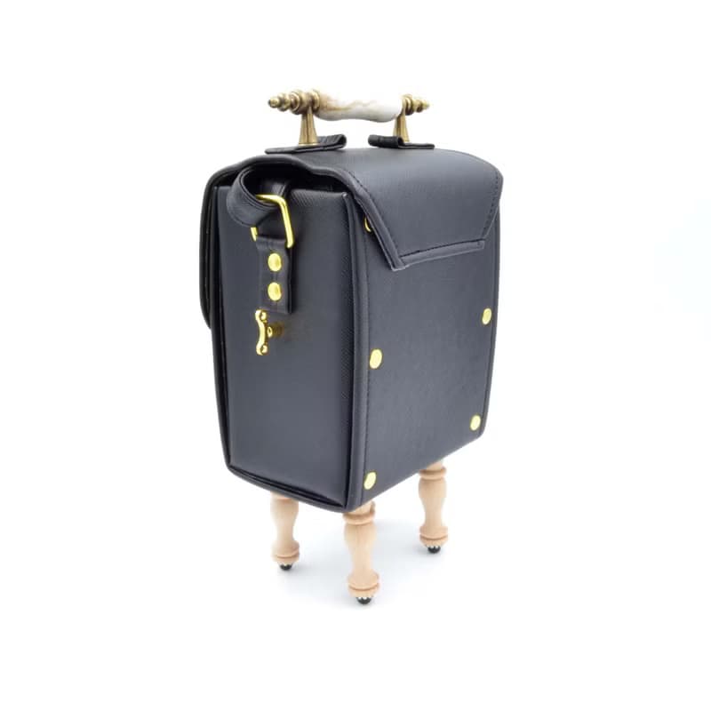 黑色PU仿皮革木腳綴閃石水晶鍊手袋 復古門柄把手 精緻可愛時尚