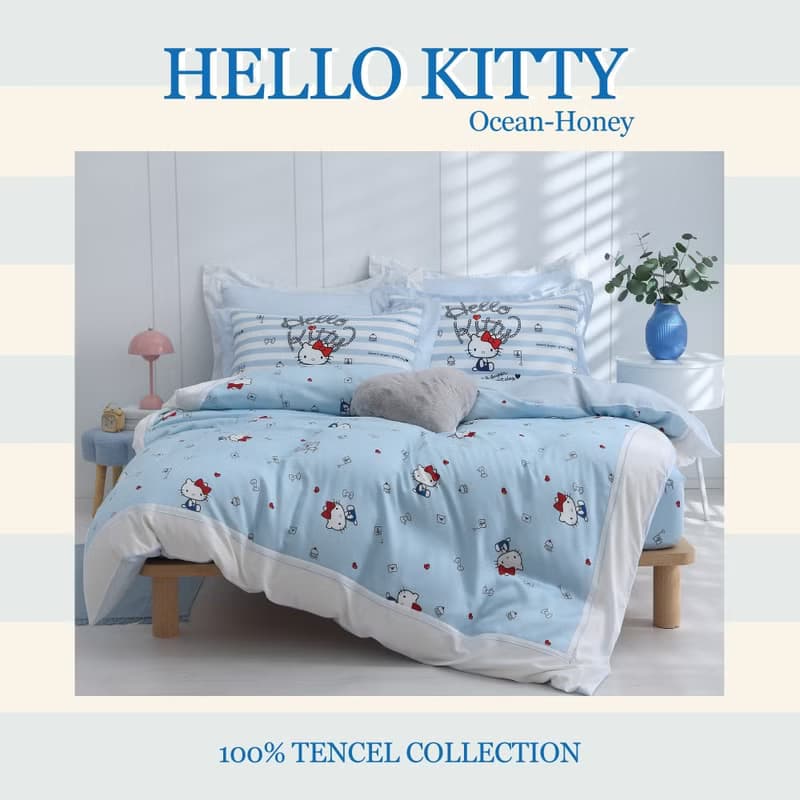 Hello Kitty-萊賽爾天絲-床包被套組- 海洋甜心-藍-滿版-正版授權
