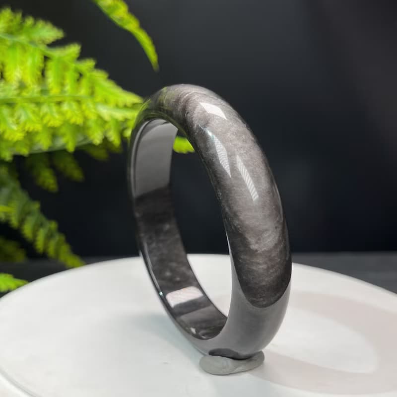 高品質 銀曜石手鐲 58MM 玉化雙天眼銀色黑曜石手環 運勢趨吉避兇