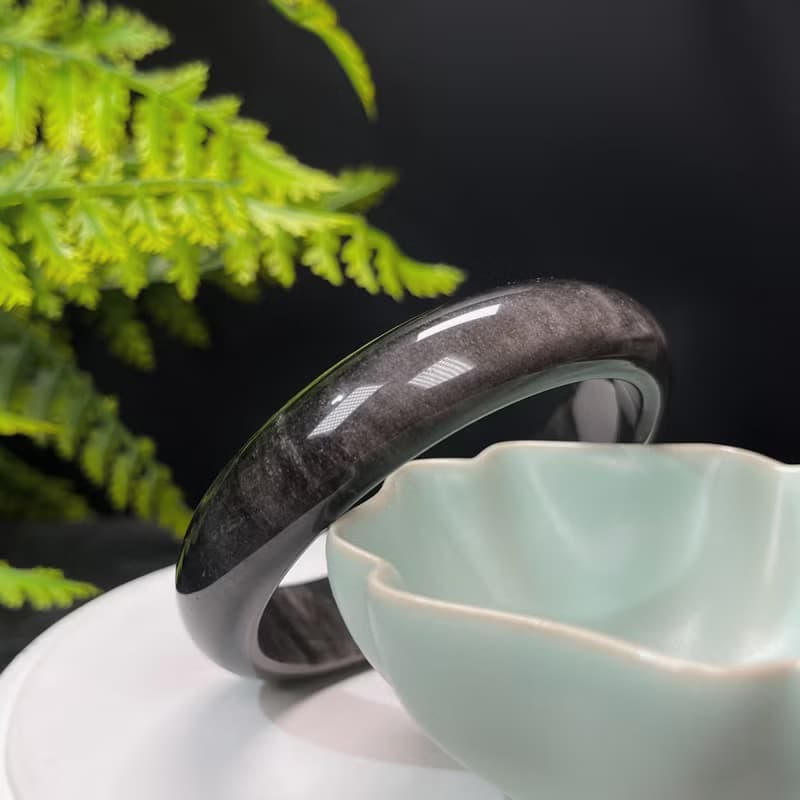 高品質 銀曜石手鐲 58MM 玉化雙天眼銀色黑曜石手環 運勢趨吉避兇