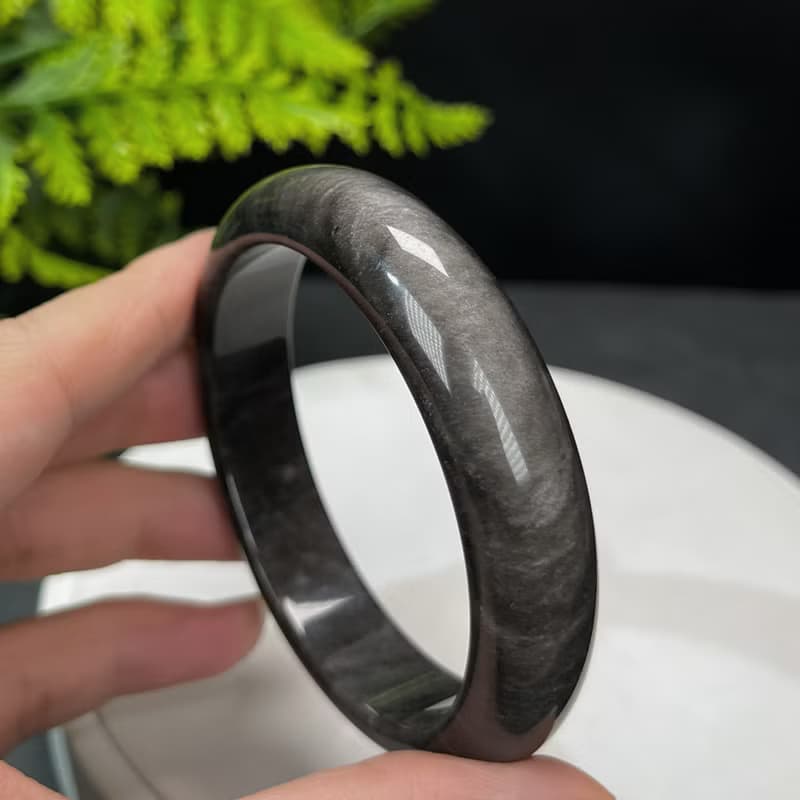 高品質 銀曜石手鐲 58MM 玉化雙天眼銀色黑曜石手環 運勢趨吉避兇