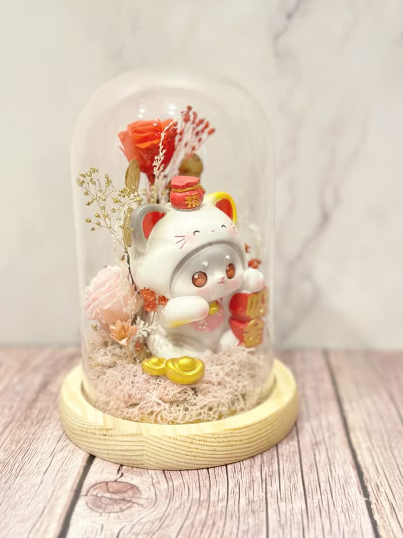 吸金靈氣招財貓永生花玻璃鐘罩 母親節禮物/生日禮物/開幕花禮