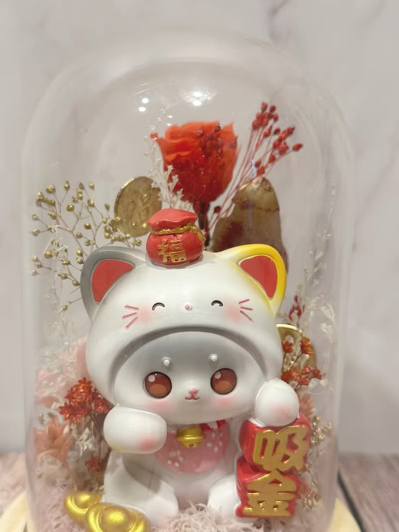 吸金靈氣招財貓永生花玻璃鐘罩 母親節禮物/生日禮物/開幕花禮