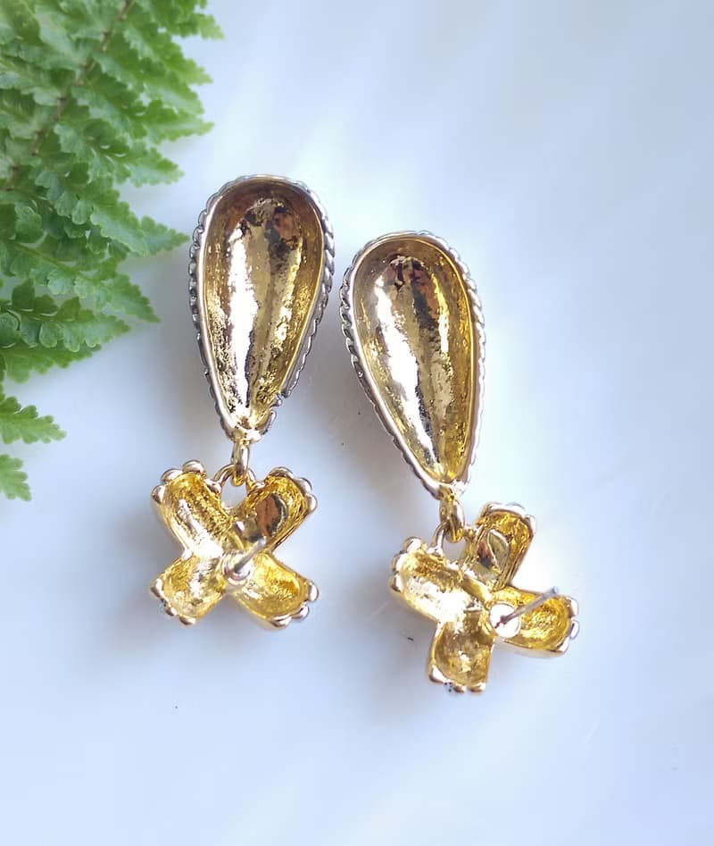 Vintage Jewelry 西洋古董飾品 金銀雙色調 厚實 長水滴 針式耳環